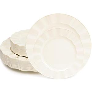 NZVCN 60 Pcs Ivory Plates, Wave Edge Design Disposable Plastic Plates for 30 Guests, Fancy Party Dishes 7 inch Dessert Plate and 10 inch Dinner Plate for Party, Bridal Shower