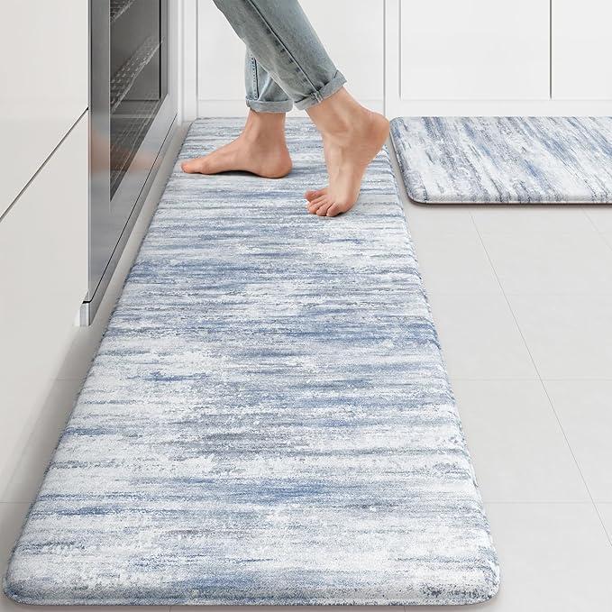 MAYHMYO Blue Kitchen Rugs Anti Fatigue Cushioned Non Skid Waterproof Runner Rug and Mats Memory Foam for Floor Laundry Office Sink