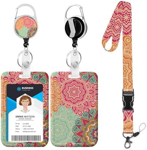 Mandala ID Badge Holder with Lanyard,Retractable Badge Holders Reels,Lanyards for ID Badges,Vintage Keychains,Badge Clips for School Office Pack of 2