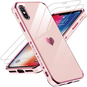 LeYi for iPhone-Xs-Case: for iPhone-X-Case with Screen Protector [2 Pack] + Full Camera Lens Protection, Love Heart PlatingCute Luxury Soft TPU Shockproof for i Phone X Phone Cover, Pink