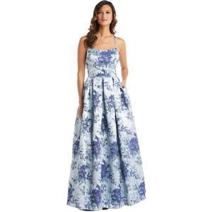MORGAN AND CO. Womens Juniors Metallic Jacquard Floral Embroidered Prom Gown with Spaghetti Straps Dress, Blue, 9 US