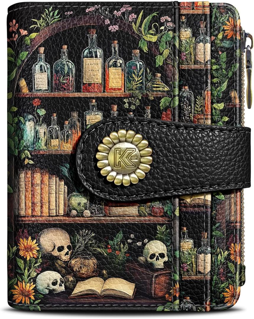 Kelvoris Bookshelves Skull Goth Gothic Small Rfid Women Wallet Bifold Zipper Coin Pocket PU Leather Compact Cash Credit Card Holder Travel Wallet Female Ladies Teen Girls 1 ID Window 10 Card Slots