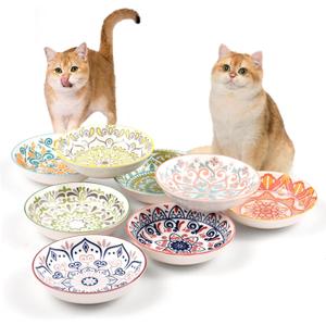 YEAHGO Cat Food Bowls for Indoor Cats Ceramic Cat Bowls Whisker Friendly Cat Dishes for Food and Water 5.5 Inches Kitten Bowls Cute Cat Feeding Bowls Set 8 Cat Wet Food Bowl Set Shallow Cat Plate