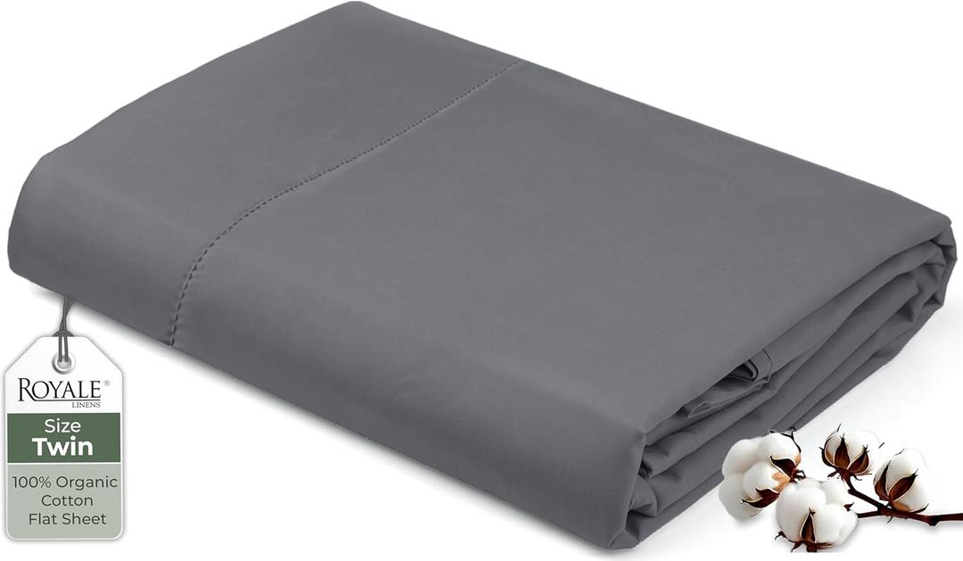 Royale Linens 100% Organic Cotton Twin Flat Sheet Only - Super Soft - Percale Top Sheets - Twin Flat Sheet Sold Separately - Breathable, Cool & Crisp Grey Sheets Only (66" x 96", Grey) (Charcoal)