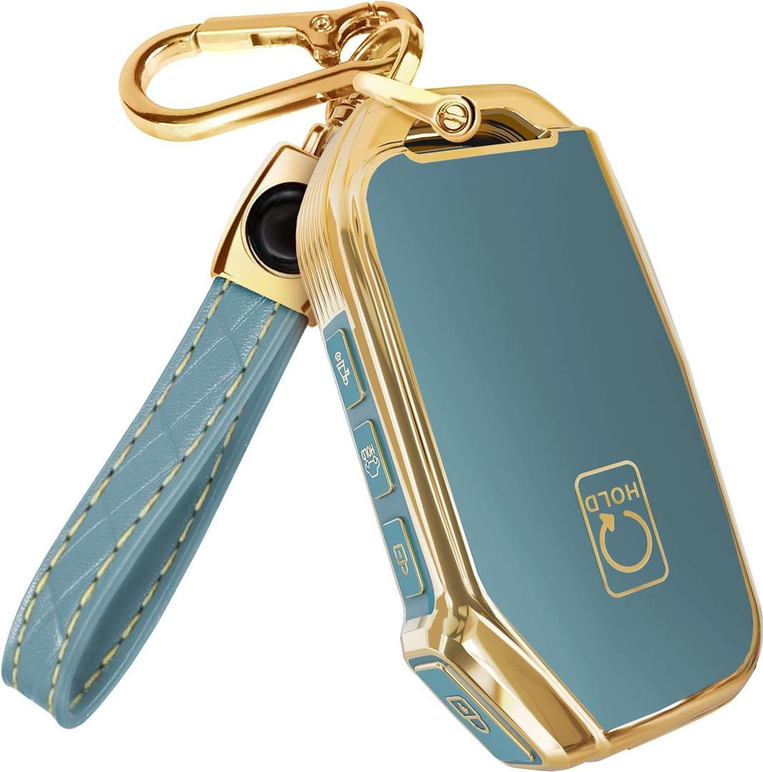 Lucrum for Kia Key Fob Cover & Leather Keychain - TPU Keyfob Case for Sportage Soul Forte EV6 Niro K5 Stinger (2018-2025) (Blue)