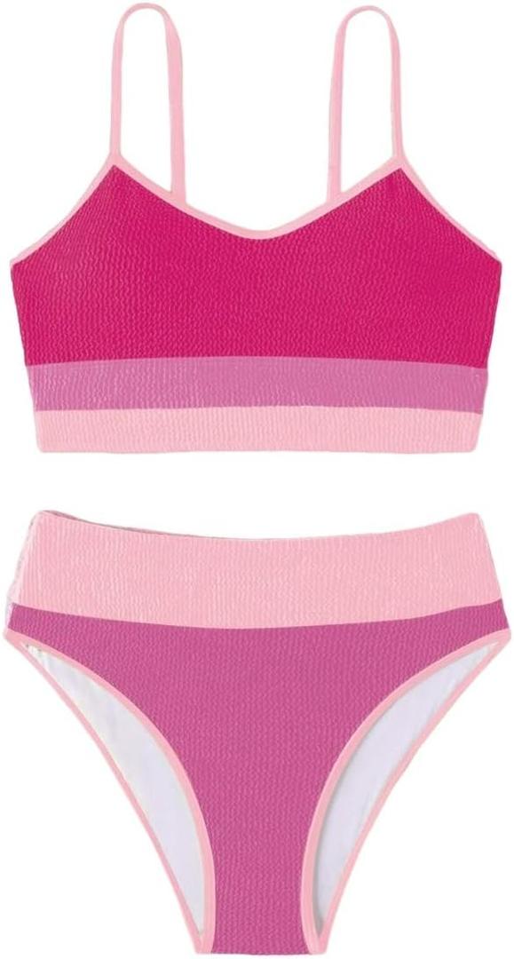 ZAFUL Women Tankini Set, Ribbed High Cut Surplice Swimsuit Bathing Suit with Spaghetti Straps (Small, 12-pink Multicolor)