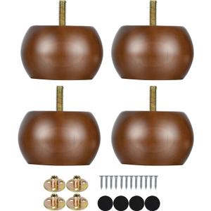 Maricome 2 Inch Bun Furniture Feet Walnut Round Solid Wooden Ottoman/Couch/Sofa Legs Set of 4 Pre-drilled M8 Bolt with Metal Brackets (Brown)
