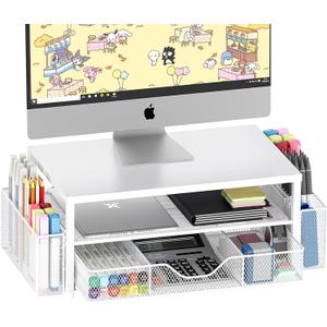 OPNICE Desk Organizers and Accessories, 2-Tier Computer Monitor Stand Riser with Drawer and 2 Pen Holders, Laptop Stand, Office Desk Accessories for Office Supplies, White