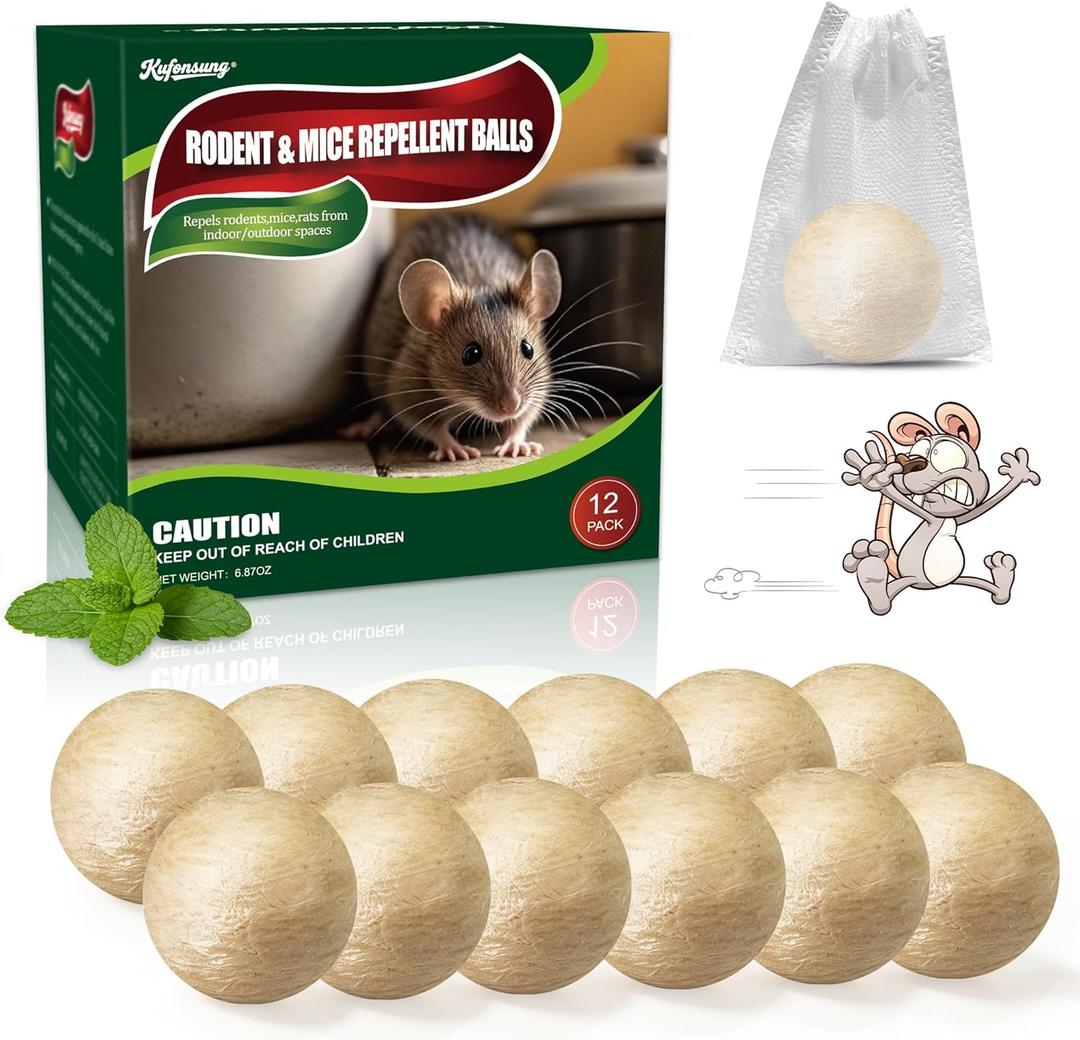 12 Pack Rodent Repellent Ball-Mouse Repellent,Natural Peppermint Oil Repels Squirrels,Chipmunks & RatsSafe for Homes & Pets, Mice Repellent for Indoor & Outdoor Use,Car Engines,Garage