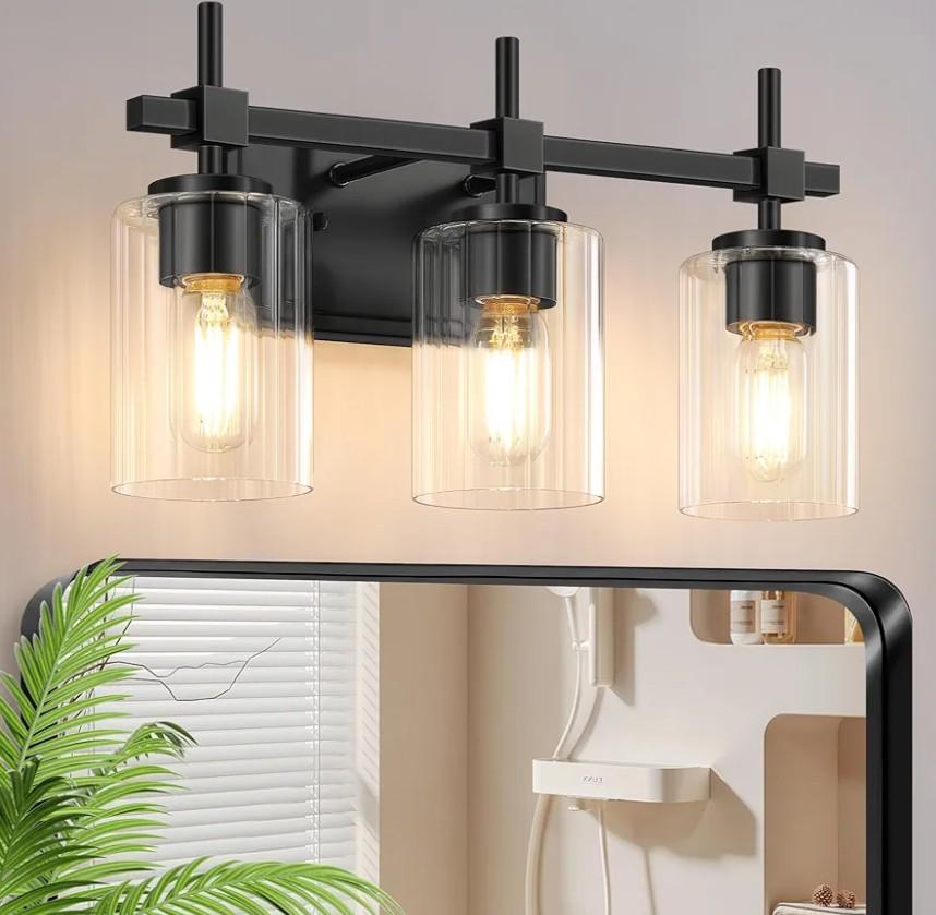 Asnxcju 3-Light Matte Black Vanity Light for Bathroom, Modern Bathroom Lighting Fixtures Over Mirror, Vanity Lights with Clear Glass Shade, Industrial Bath Wall Lamp for Living Room Bedroom Hallway