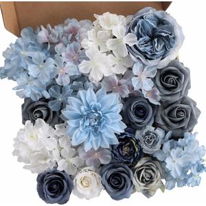 Garisey Artificial Flowers Combo Box Set Dusty Blue Flowers for DIY Wedding Bouquet Arrangements Bridal Shower Party Home Decorations(White Blue Rose)