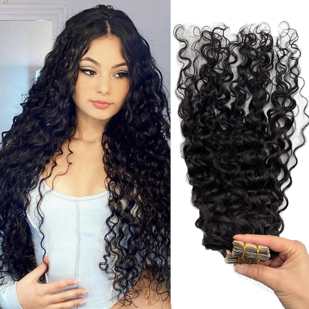 Water Wave Tape in Hair Extensions Human Hair, Natural Black Hair Extensions Real Remy Human Hair Tape ins for Black Women, 24 Inch 100g/pack 40pcs Double Sided Invisible Tape Hair Extension
