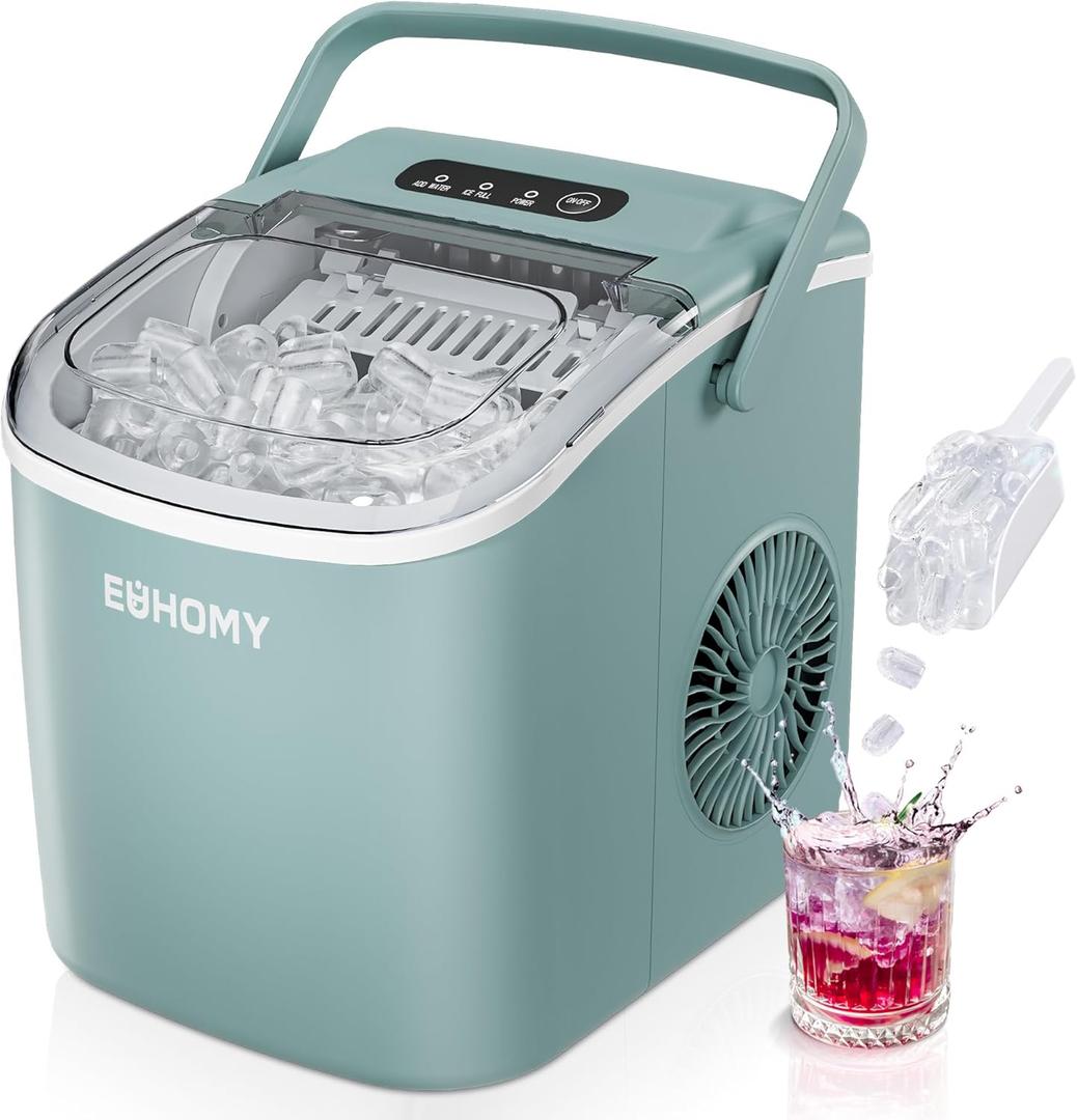 EUHOMY Countertop Ice Maker Machine with Handle, 26lbs Per Day, 9 Ice Cubes Ready in 6 Mins, Auto-Cleaning Portable Ice Maker with Basket and Scoop, for Home/Kitchen/Camping/RV (Green) (11.57"D x 11.42"W x 8.74"H)
