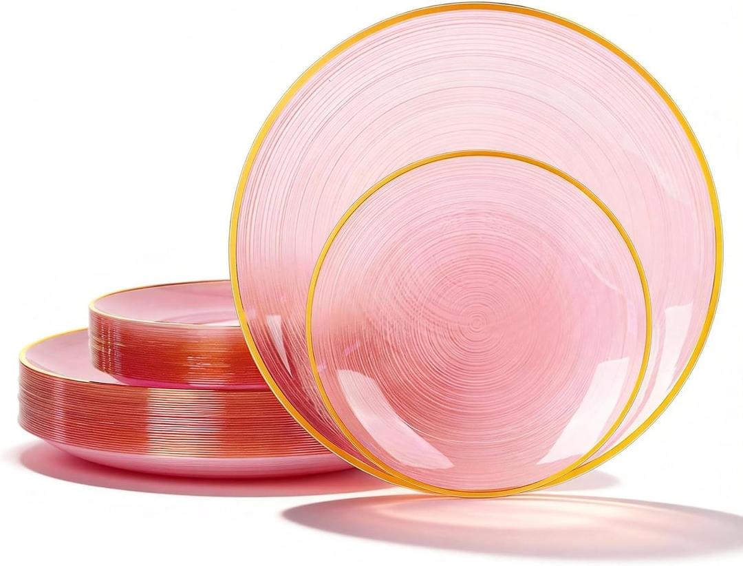N9R 60PCS Pink Plastic Plates with Gold Rim 30 Dinner & 30 Dessert Plates, Circular Ribbed Design, Elegant Disposable Plates for Weddings, Events, Banquets, Special Occasions (Translucent Pink)