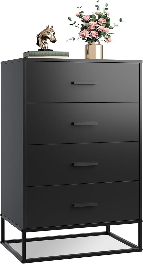 WLIVE Wood Dresser for Bedroom with 4 Drawers, Nightstand, Chest of Drawers, Tall Dresser Drawers with Sturdy Metal Frame for Hallway, Living Room, Closet, Black