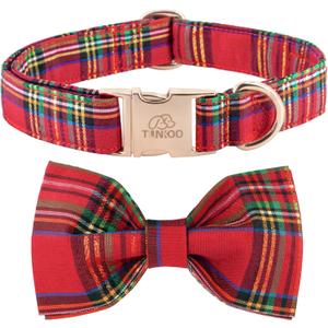 Tunkoo Dog Collar Christmas Plaid with Elegant Bow Tie Soft Comfy Cotton Adjustable Collar, Premium Metal Buckle for Puppy and Cat Small Medium LargeRed PlaidS