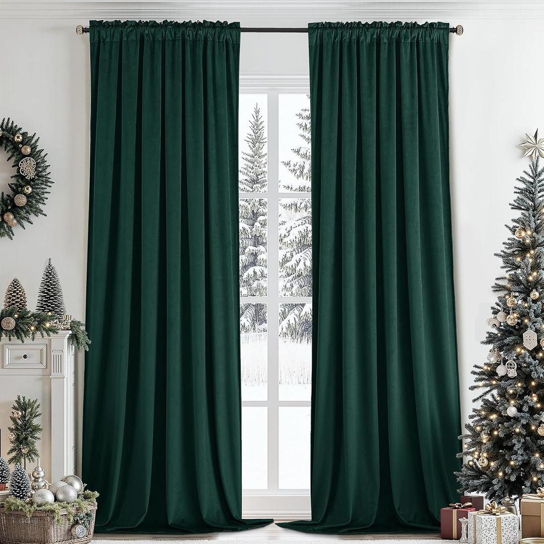 SimpleHome Dark Green Velvet Curtains 84 Inches for Living Room, Rod Pocket Luxury Blackout Velvet Curtains Thermal Insulated 2 Panels Room Darkening Drapes, W52 x L84