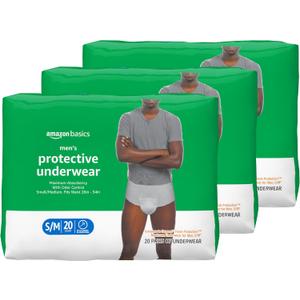 Amazon Basics Maximum Absorbency Incontinence Underwear for Men with Leak Protection and Odor Control, Disposable, Small/Medium, 60 Count (3 Packs of 20)