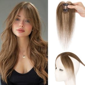S-noilite Bangs Hair Clip,360 3D Cover Real Clip in Bangs Human Hair Toppers for Women With Side Bang Daily Wear Medium Brown