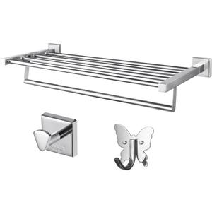 ROSHAN Silver Bathroom Towel Rack with 2 Extra Hooks, Stainless Steel, 3PCS
