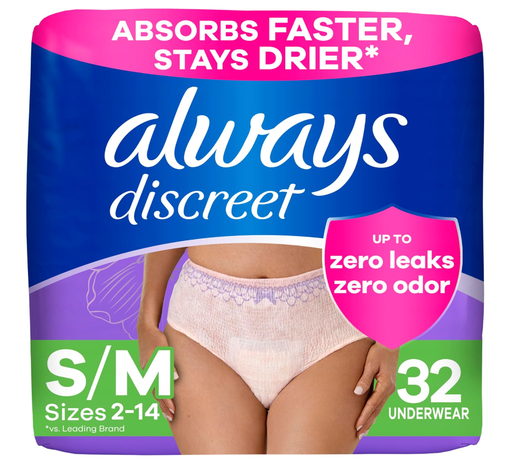Always Discreet Adult Incontinence Underwear for Women and Postpartum Underwear, Small/Medium, Up to 100% Bladder Leak Protection, 32 Count