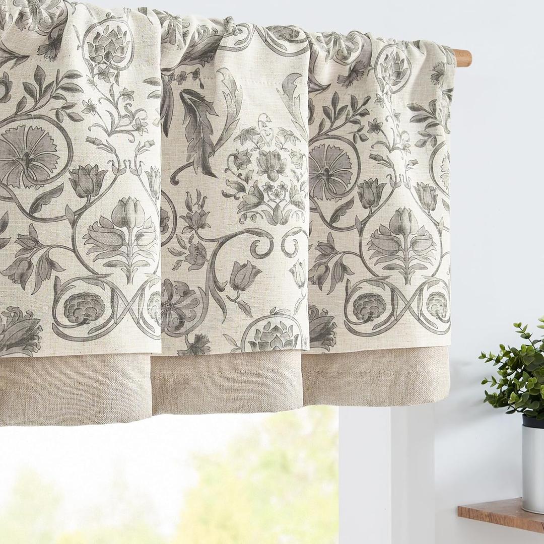 jinchan Linen Valance Kitchen Curtain for Windows Double Layer 16 Inch for Living Room Bedroom Bathroom Window Treatment Blackout Vintage Rustic Farmhouse Cottagecore Rod Pocket 1 Panel Grey on Beige