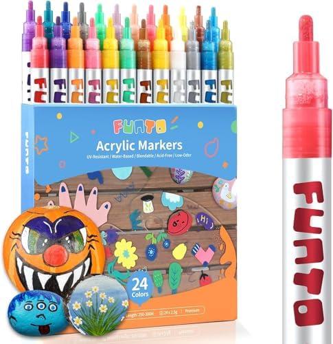 Funto Acrylic Paint Pens for Rock Painting, Fabric, Wood, Canvas, Metal, Ceramic, Glass, 24 Colors Paint Marker Set, Non-Toxic, Quick Drying