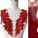 Handmade Rhinestones lace Applique handsewing Beads Trim Patches for Dress Clothing Accessories 35X12cm 1Pair/Bag (Red)