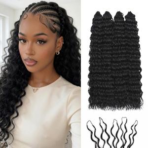 Miracle Knots Feather Crochet Hair (Deep Wave) - 14" Hand-Tied Synthetic Extensions, 100 Strands Soft Cotton Core Glue-Free Knotless Hair Pieces (Natural Black)