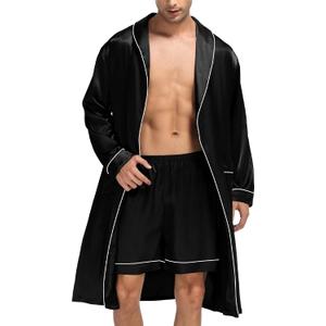 SWOMOG Men's Satin Robe Silky Kimono Bathrobe with Shorts Set Lightweight Soft Loungewear Nightwear (Black, L)