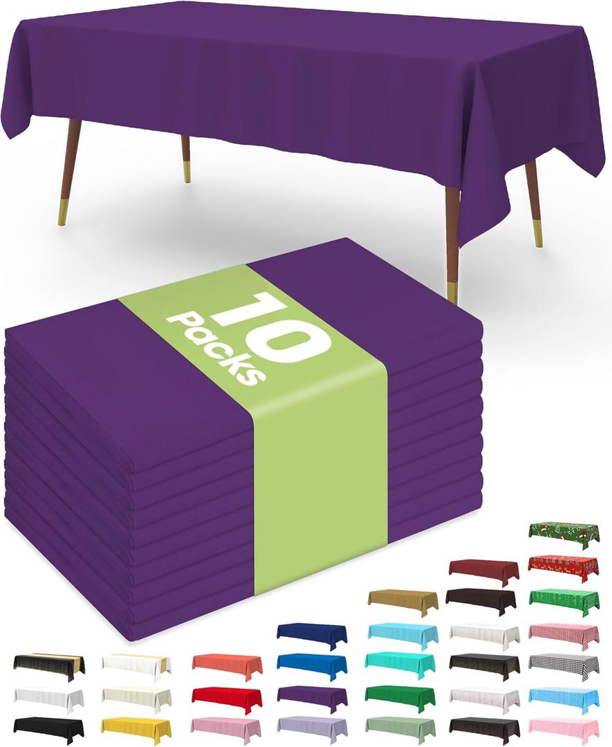 Pureegg Plastic Table Cloth Disposable 10 Pack, 54 x 108 Inch Table Cloths, Halloween Party Decorations, Summerween Decor, Halloween Tablecloths, Rectangle, Plastic Cover, Leakproof & Sturdy, Purple