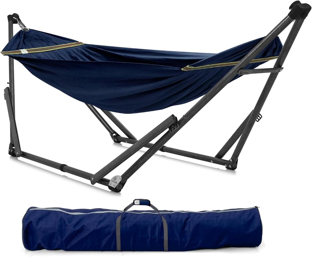 Tranquillo Uniki Hammock with Stand, 550 lbs Capacity 30-Second Setup, Sturdy Steel Stand, Tool-Free Assembly, Premium Carry Bag Included, Outdoor & Indoor Hammock, Navy (Small)