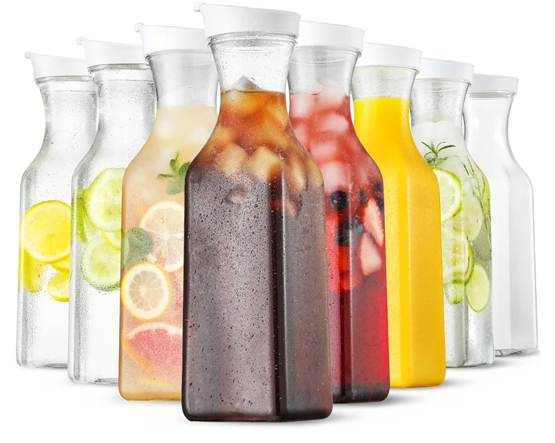 Plastic 8 PACK Large 50 Oz Water Carafe with Flip Top Lid, Square Base Juice Containers, Clear Plastic Pitcher - for Water, Iced Tea, Juice, Beverage, Milk, Cold Brew and Mimosa Bar - HAND WASH ONLY