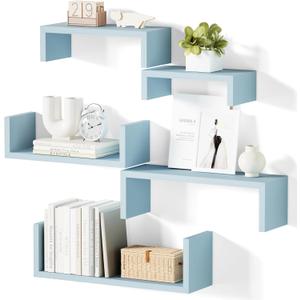 SRIWATANA Floating Shelves for Wall, Wall Shelves for Bathroom, Bedroom, Living Room, Kitchen, Office, Wood Shelves for Wall Decor Set of 5 (Blue)