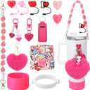 13 Pcs Hot Pink Cup Accessories Set Compatible with Stanley Tumbler Including Water Bottle Handle Strap Silicone Boot Lipstick Case Keychains Heart-shaped Hook Silicone Straw Covers Stickers