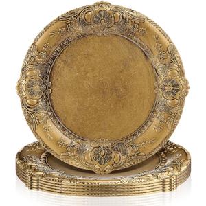 Mifoci Antique Gold Charger Plates Set of 6 Plastic Gold Chargers for Dinner Plates Decorative 13" Round Plate Bulk with Embossed Rim for Dinner, Party, Wedding(Classic)