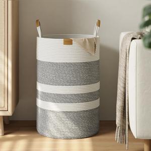 75L Striped Laundry Hamper with Leather Handles,Large Foldable Laundry Basket for Clothes,Cotton Rope Storage Bin for Blankets,Woven Clothes Basket for Bedroom,Gray Stripes (75L/19.8Gal, Grey&White)