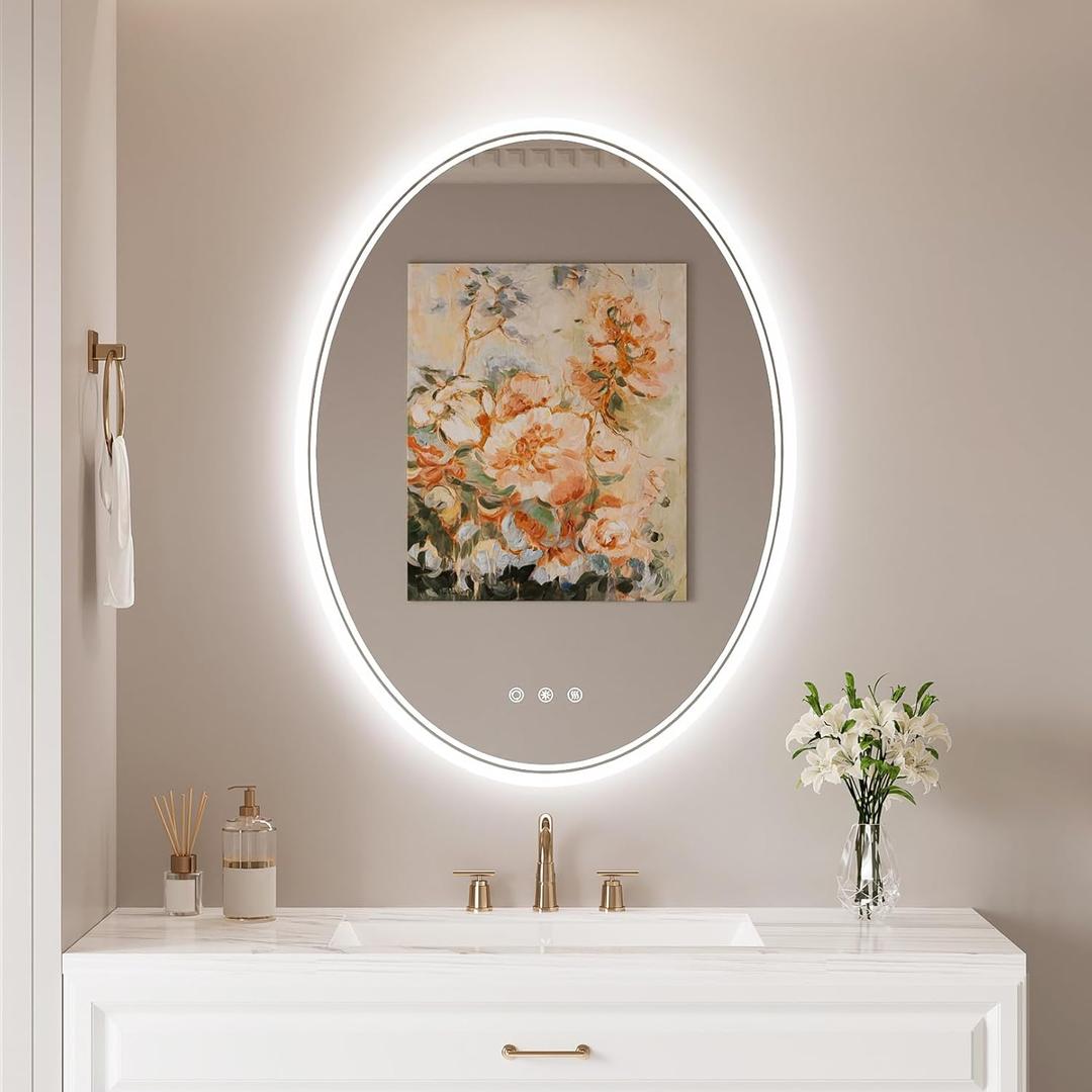 24 x 32 Oval LED Bathroom Mirror with Lights, Anti Fog LED Bathroom Mirror Dimmable Bathroom Vanity Mirror for Wall, Front and Backlit, 3 Colors, Memory Function, Shatterproof