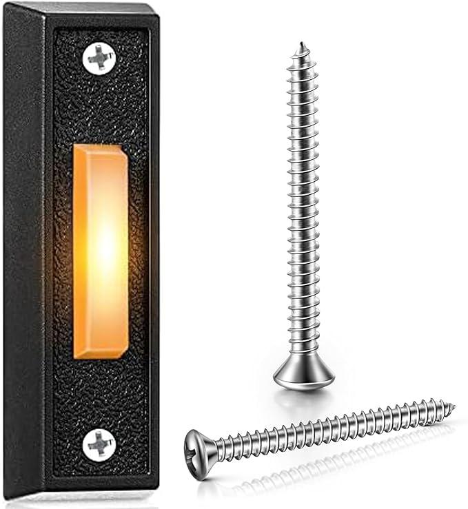 1 Piece Lighted Doorbell Button, Wired Doorbell Push Button, Replacement Wall Mounted Garage Door Bell with LED Light Compatible with Most Wire Chimes, Transformer (Black,Warm Light)