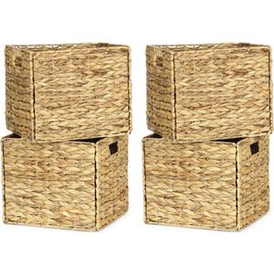 Rectangular Storage Baskets 13x11in, 4 Pack Water Hyacinth Wicker Bins with Handles, Foldable Natural Organizer for Shelves Kitchen Closet, Handwoven Storage Cubes