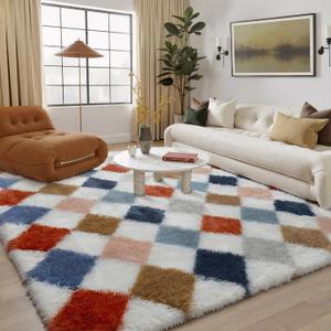 6x9 Checkered Rug for Living Room Rainbow Soft Fluffy Shag Area Rug Bedroom Modern Plush High Pile Non Slip Fuzzy Carpet for Colorful Home Decor