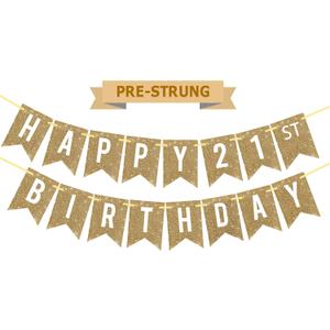 Pre-Strung Gold Happy 21st Birthday Banner Decorations,12 ft No DIY Gold Glitter 21st Birthday Party Banner Sign Decor for Women Men Girl Boy Party Supplies