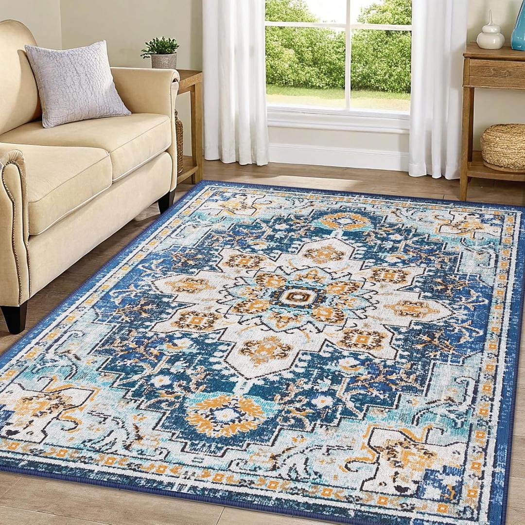 Smiry 6x9 Area Rugs for Living Room, Boho Chic Style Printed Rugs, Low Pile, Non-Shedding, Easy Care, Machine Washable Lightweight Floor Carpets Rugs for Bedroom, Dining Room, Home Office, Blue