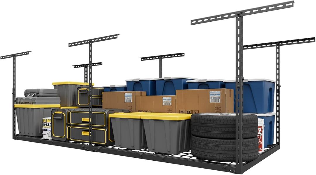 3X8FT Overhead Garage Storage Rack, 22"-48" Height Adjustable Garage Ceiling Storage Racks, Heavy Duty Metal Overhead Storage Organizer System, 750LBS Weight Capacity