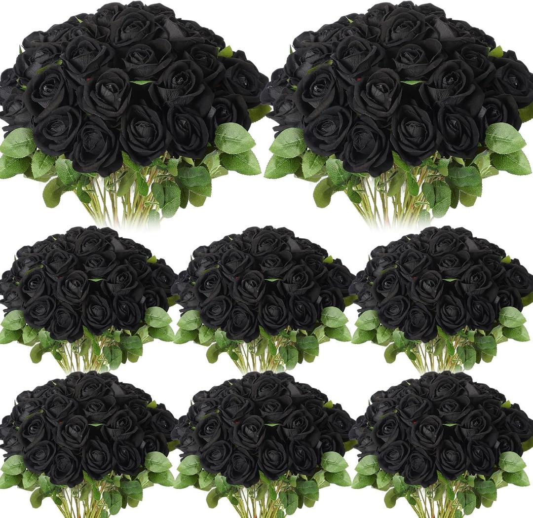 Hotop 80 Pcs Rose Artificial Flowers Bulk with Long Stem, Silk Roses Realistic Fake Flowers Bouquet for Wedding Table Centerpieces Bridal Shower Party Home Decorations(Black)
