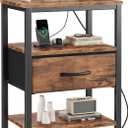 DUMOS Bedside Table with Charging Station and Adjustable Fabric Drawer Compact Nightstand 3-Tier Storage Organizer End Table for Bedroom,Brown