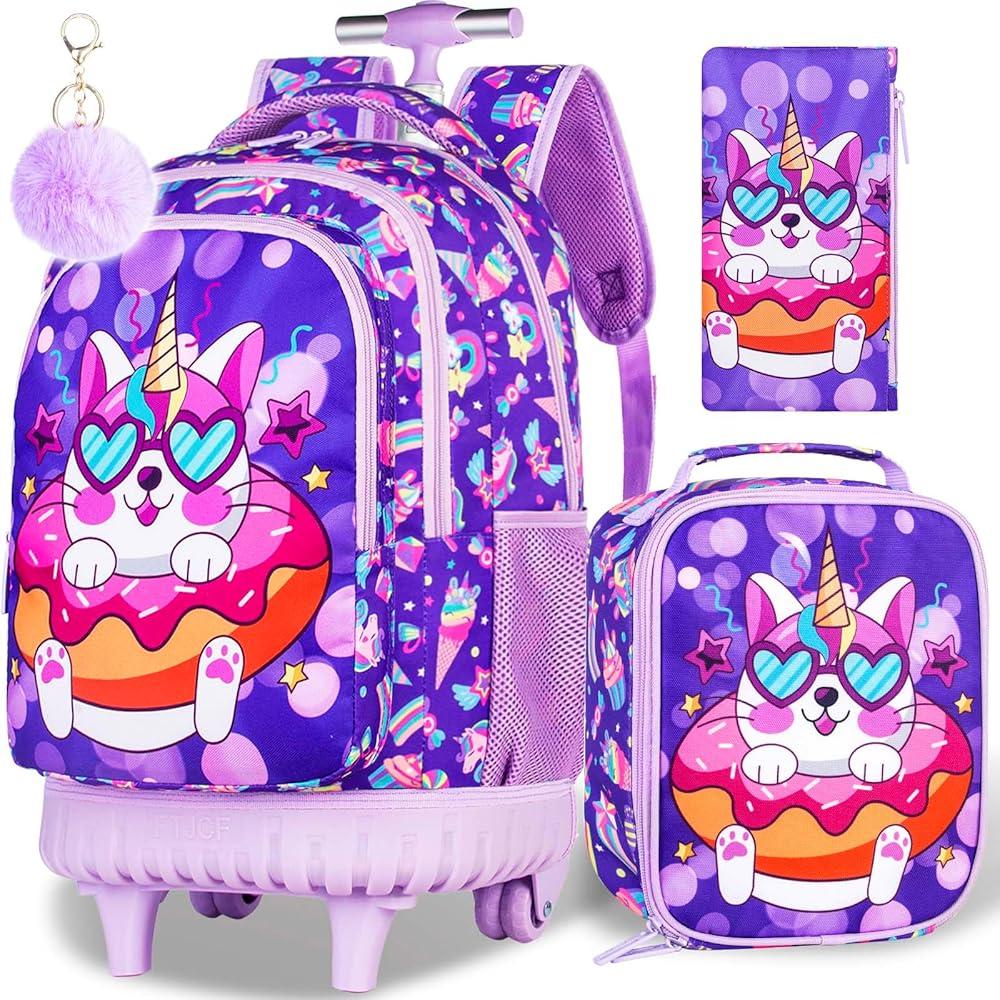 gxtvo 1PC Kids Rolling Backpack for Girls,Cute School Bag with Wheels,Water Resistant Roller Bookbag Set for Elementary Preschool - Purple Unicorn
