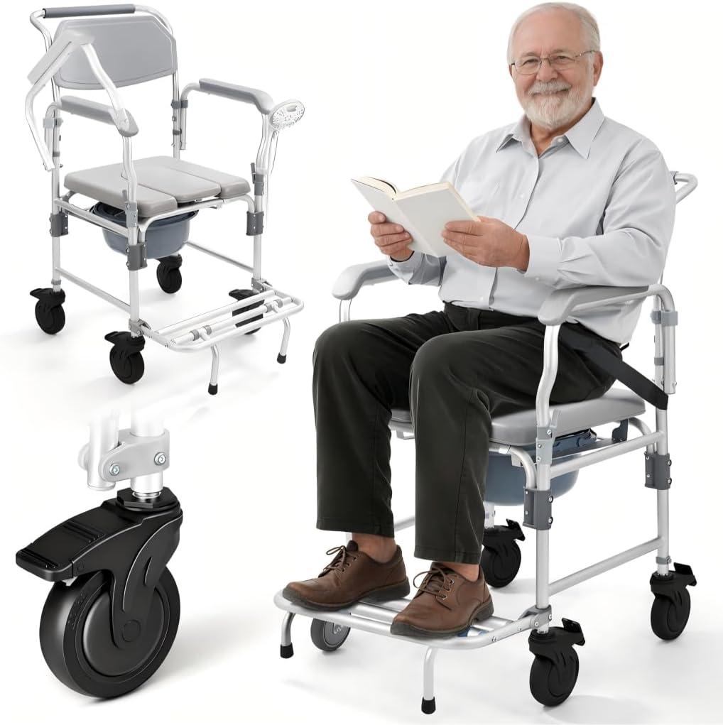 Shower Chair with 5" Enlarged Wheels, Bedside Commode, 330lbs | Heavy Duty Commode Toilet for Elderly, Waterproof Aluminum for Bath, Flip-Up Armrests&Footrests, Indoor Transfers&Safety Belt
