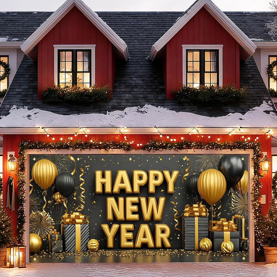 13x6ft Happy New Year Garage Door Banner Golden Balloons Confetti Backdrop New Year's Eve Garage Door Cover Decoration for Celebration Party Indoor Outdoor House Wall Background Decor