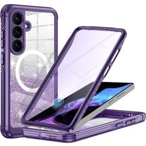 Hekodonk for Samsung Galaxy S25 Case Glitter,Compatible with MagSafe[Built-in Tempered Glass Screen Protector & Camera Lens Protection] Full Body Shockproof Protective Bling Phone Case,Amethyst